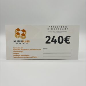KliinikPluss Hambaravi teenuse kinkekaart.  Pärlipesu koos vähese hambakivi eemaldamisega ja kerge valgendusega.